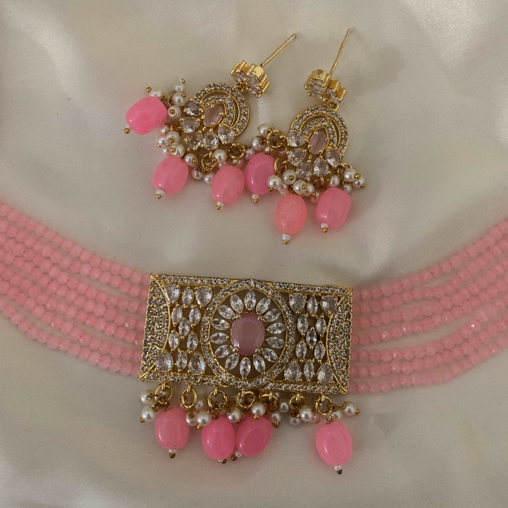 GULABI American Diamond Necklace set | Party necklace with earring|pakistani ruby necklace| Indian  AD set in pink bollywood|