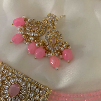 GULABI American Diamond Necklace set | Party necklace with earring|pakistani ruby necklace| Indian  AD set in pink bollywood|