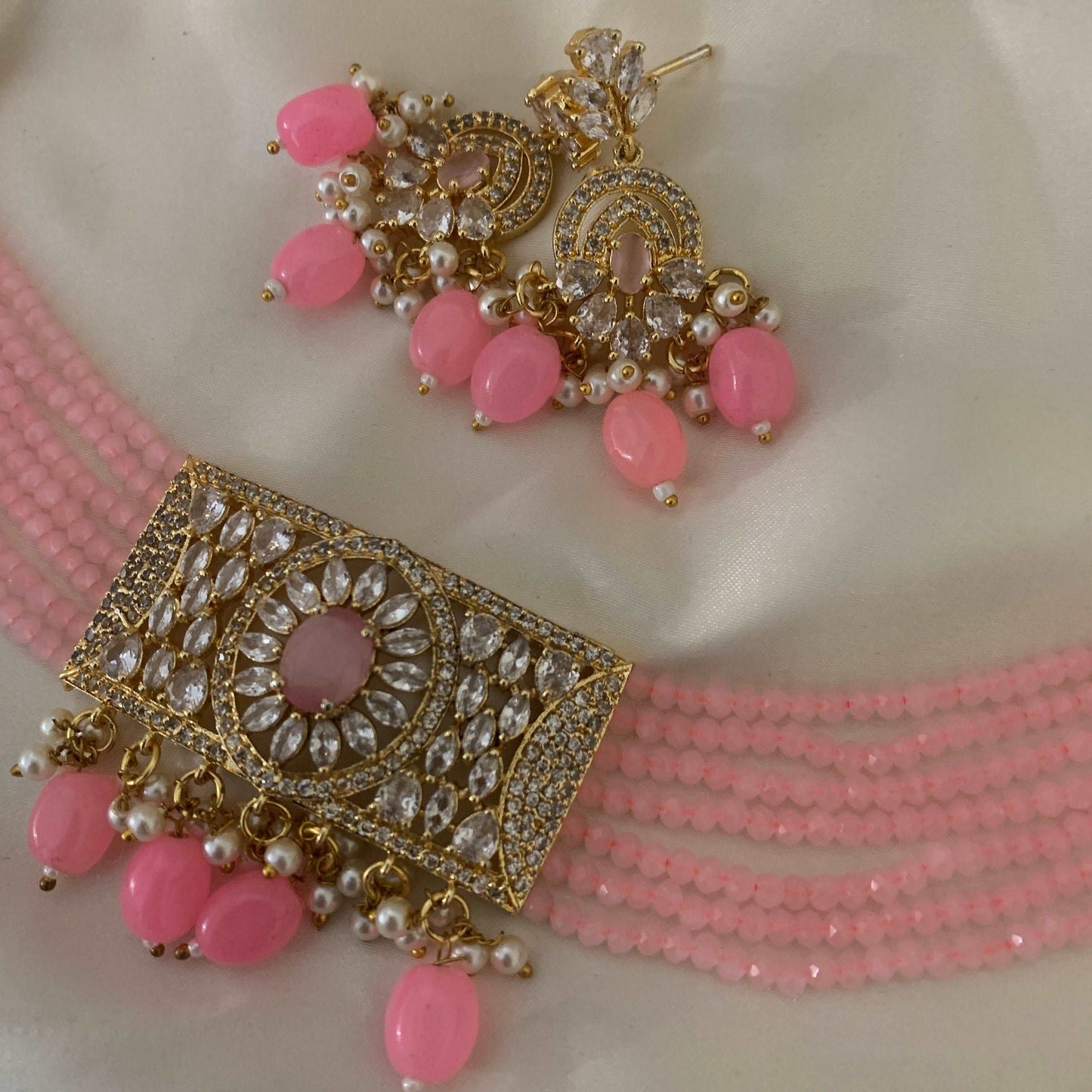 GULABI American Diamond Necklace set | Party necklace with earring|pakistani ruby necklace| Indian  AD set in pink bollywood|