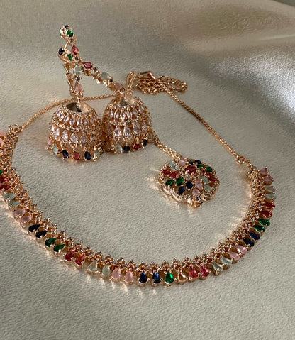 Multi Color Jhumka Set | Rose Gold